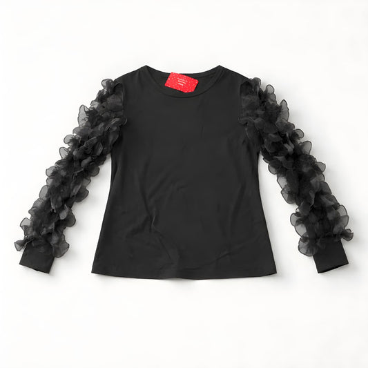 Girls Black Long Sleeve Top with 3D Floral Ruffle Sleeves