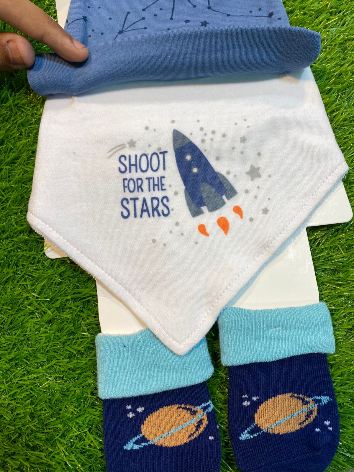 Baby Cap, Bib & Sock 6-9M 3 Pcs Set space