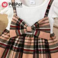 Check-print Spliced Lace Flutter-sleeve Romper with Headband Set