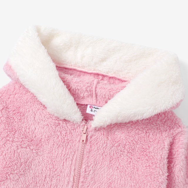 Plush Hooded Teddy Jacket for Kids – Soft Fuzzy Zip-Up Outerwear Pink