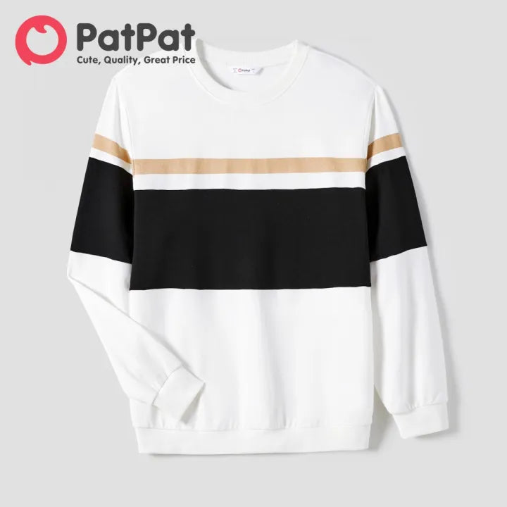 Men’s White Crewneck Sweatshirt with Black & Tan Horizontal Stripes