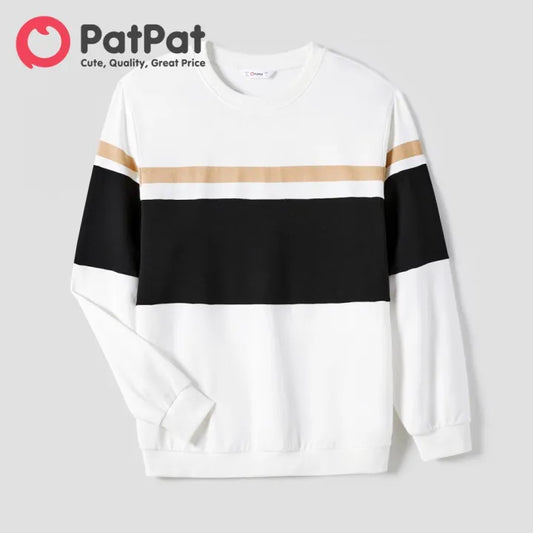 Men’s White Crewneck Sweatshirt with Black & Tan Horizontal Stripes