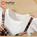 Check-print Spliced Lace Flutter-sleeve Romper with Headband Set