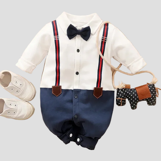 Boy Cotton Jumpsuit with Faux Layering and Bow Tie Decoration