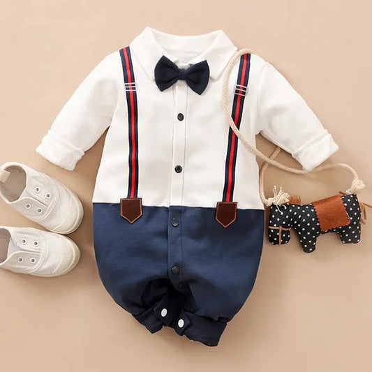 Boy Cotton Jumpsuit with Faux Layering and Bow Tie Decoration