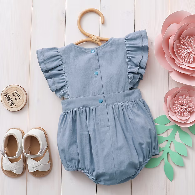 Baby girl bow front ruffle trim romper