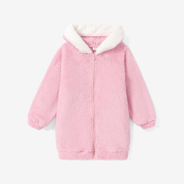 Plush Hooded Teddy Jacket for Kids – Soft Fuzzy Zip-Up Outerwear Pink