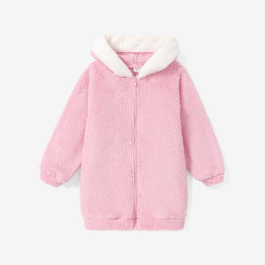 Plush Hooded Teddy Jacket for Kids – Soft Fuzzy Zip-Up Outerwear Pink