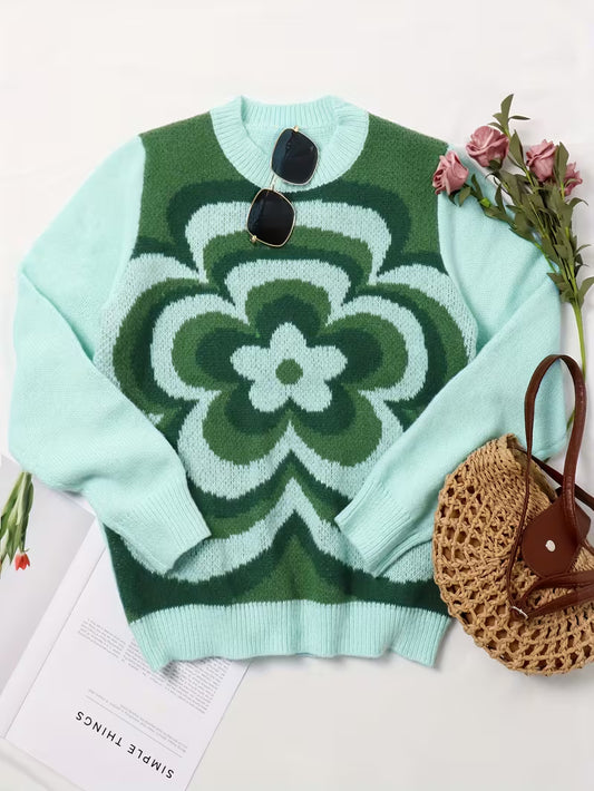 Floral Print Crew Neck Sweater, Casual Long Sleeve Sweater for Autumn and Winter, Women's Clothing