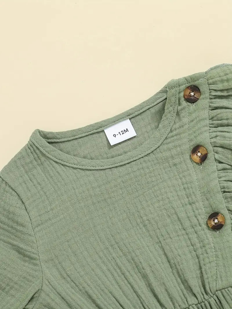 Olive Green Ruffled Sleeve Romper with Button Details