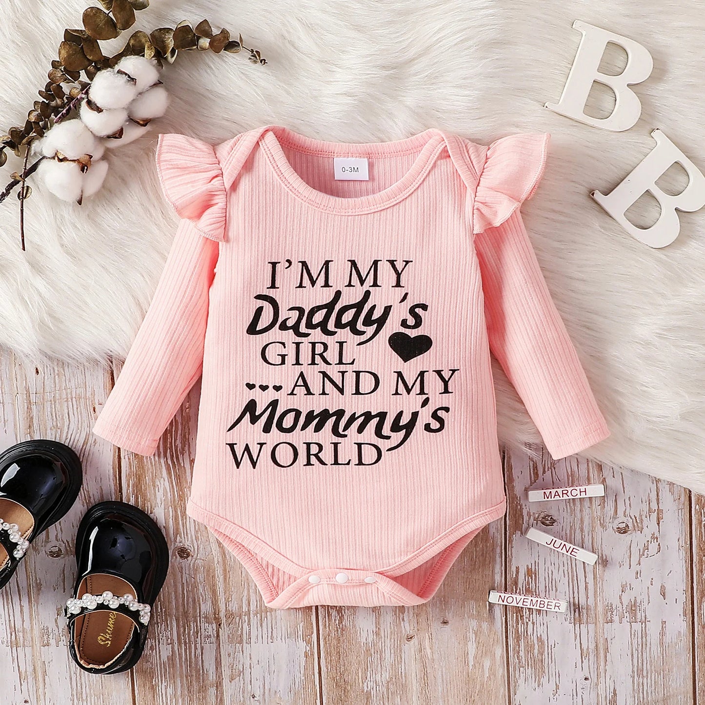 Letter Print Rib Knit Ruffle Long-sleeve Romper