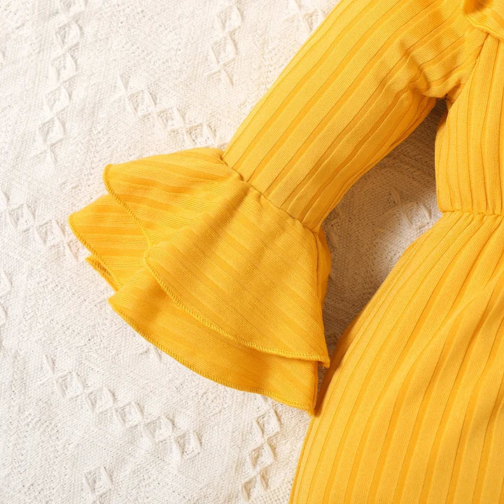 Girl Solid Ribbed Off Shoulder Ruffle Bell Sleeve Jumpsuit