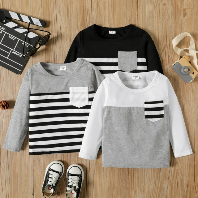 Toddler Boy Stripe Splice Chest Pocket Decor Long-sleeve Tee for boy