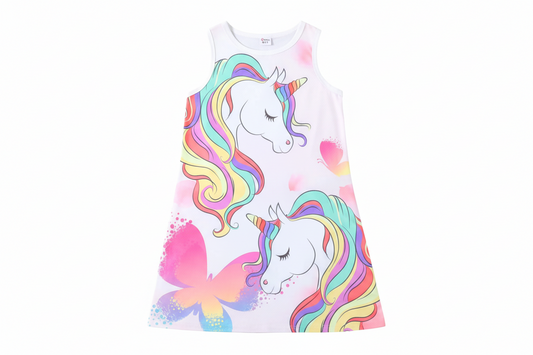 Girls Unicorn Dress - Rainbow Butterflies Print Summer Dress