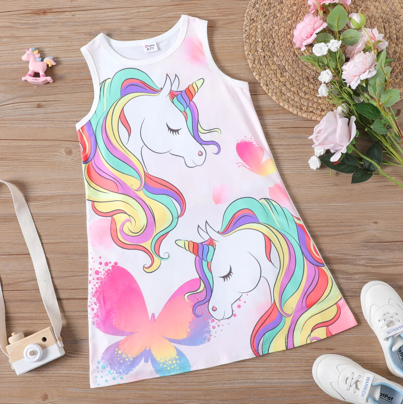 Girls Unicorn Dress - Rainbow Butterflies Print Summer Dress