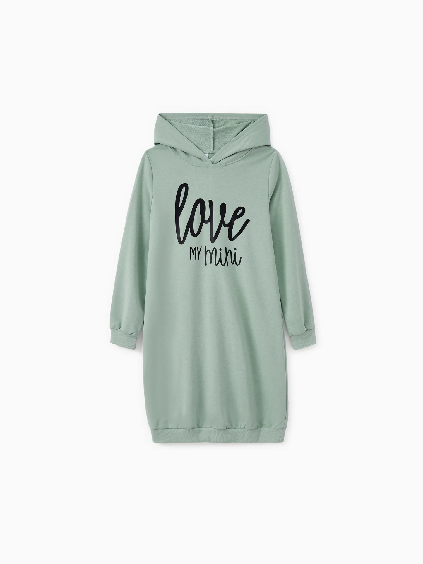 Love My Mini Sage-Green Long-Sleeve Hoodie Dress – Casual Mother-Daughter Matching Style