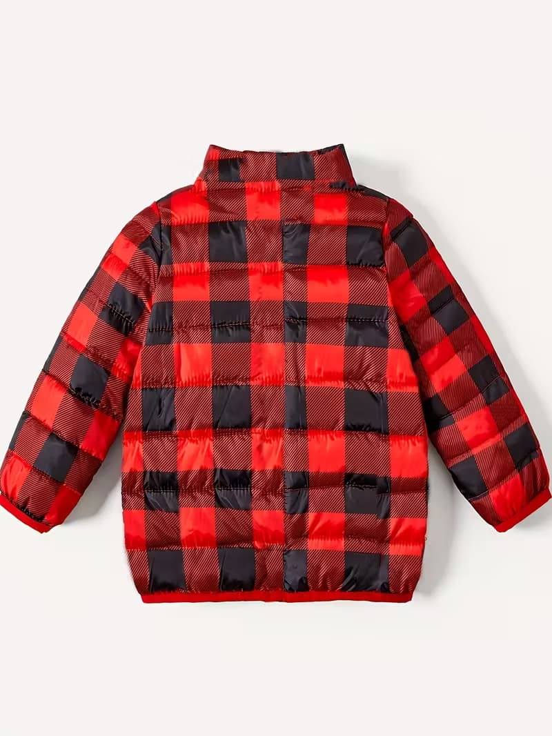 Red & Black Buffalo-Check Lightweight Puffer Jacket – Kids’ Winter Stand-Collar Coat