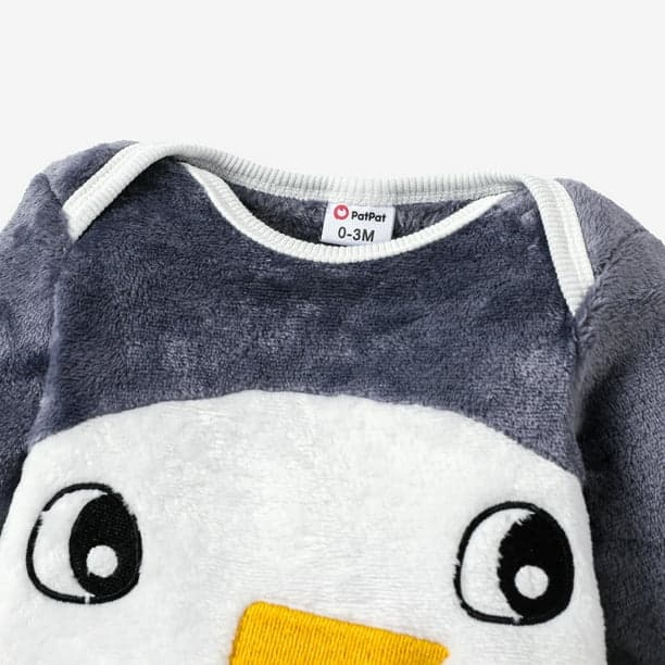 Baby Penguin-Face Plush Long-Sleeve Jumpsuit – Unisex Infant Christmas Romper