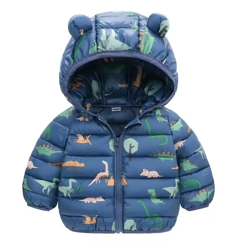 Lightweight Down Jacket Kids Boy Girl Baby Blue Cartoon Dinosaur Zipper Hooded Coats Autumn Winter Outerwea