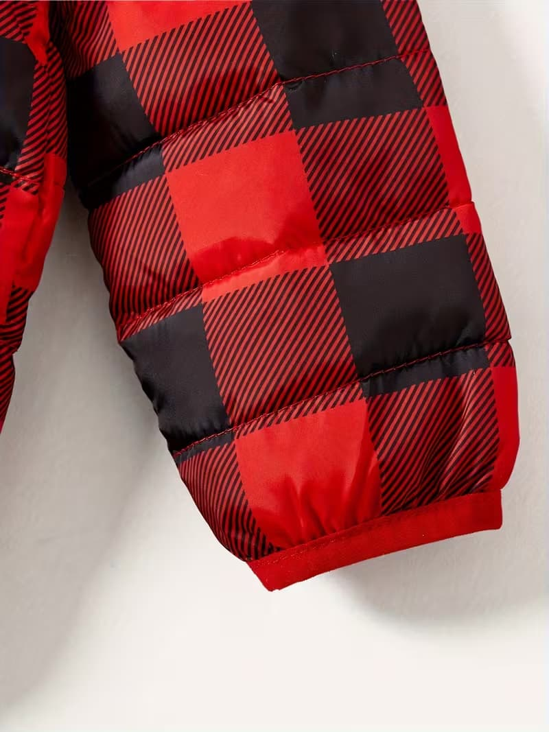 Red & Black Buffalo-Check Lightweight Puffer Jacket – Kids’ Winter Stand-Collar Coat