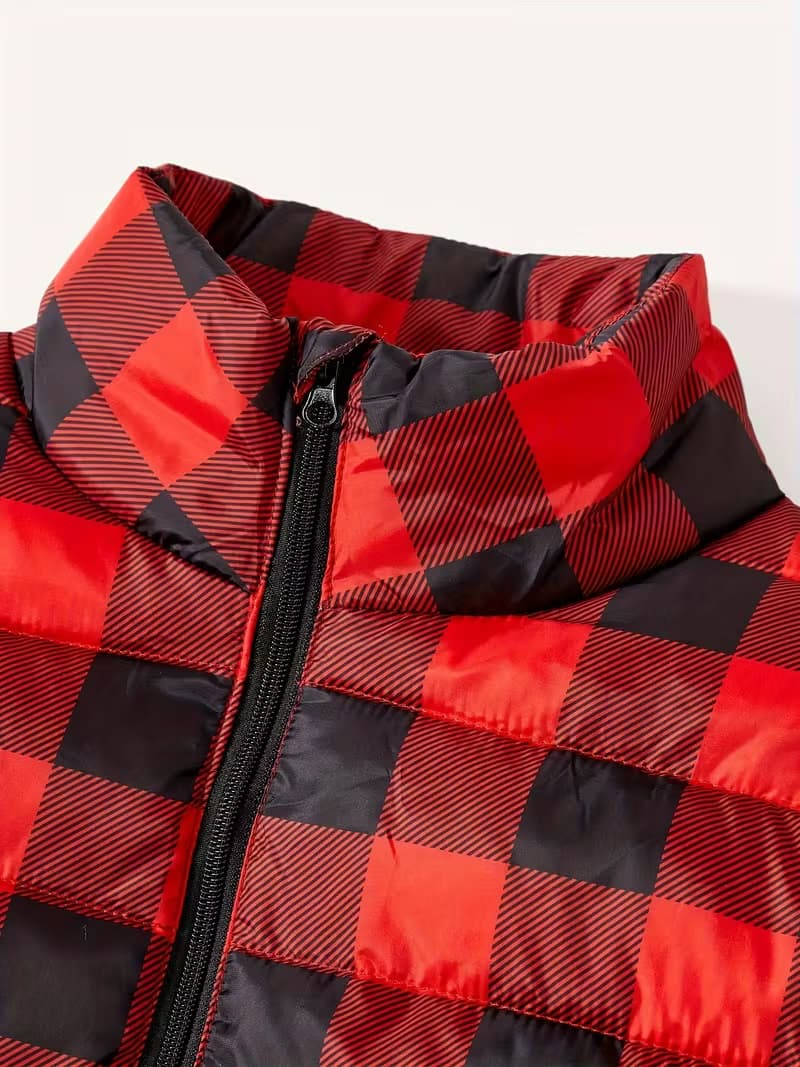 Red & Black Buffalo-Check Lightweight Puffer Jacket – Kids’ Winter Stand-Collar Coat
