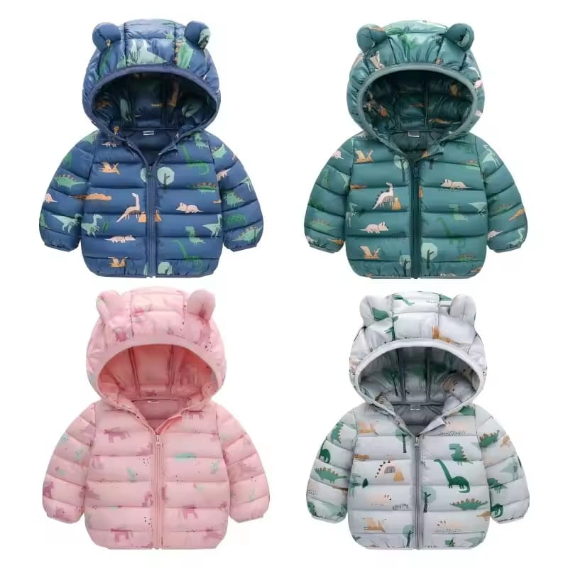 Lightweight Down Jacket Kids Boy Girl Baby Blue Cartoon Dinosaur Zipper Hooded Coats Autumn Winter Outerwea