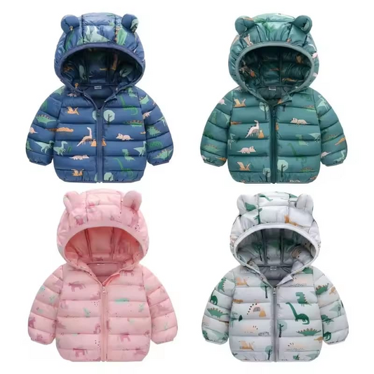 Lightweight Down Jacket Kids Boy Girl Baby Blue Cartoon Dinosaur Zipper Hooded Coats Autumn Winter Outerwea