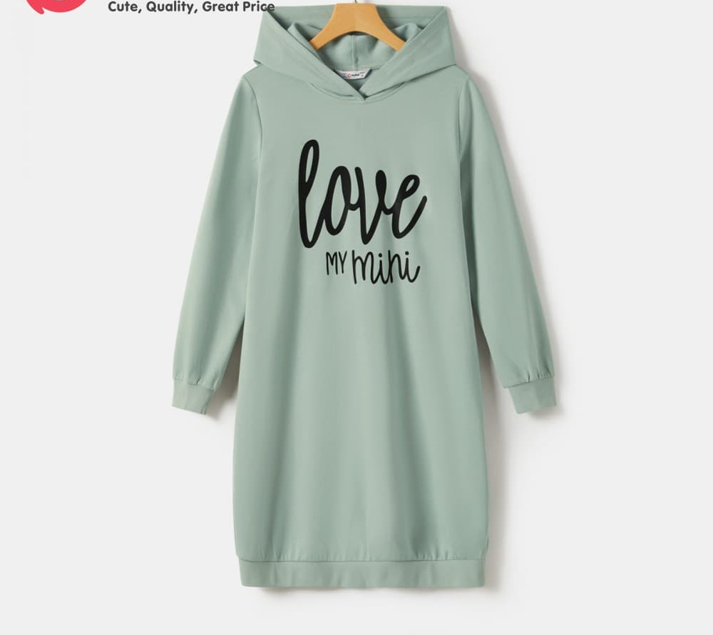 Love My Mini Sage-Green Long-Sleeve Hoodie Dress – Casual Mother-Daughter Matching Style