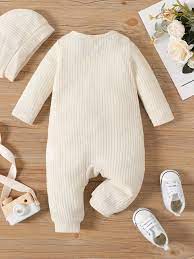 Solid Rib Knit Button Front Long-sleeve Jumpsuit with Hat
