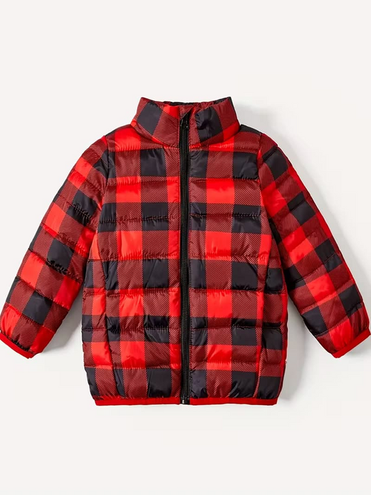 Red & Black Buffalo-Check Lightweight Puffer Jacket – Kids’ Winter Stand-Collar Coat