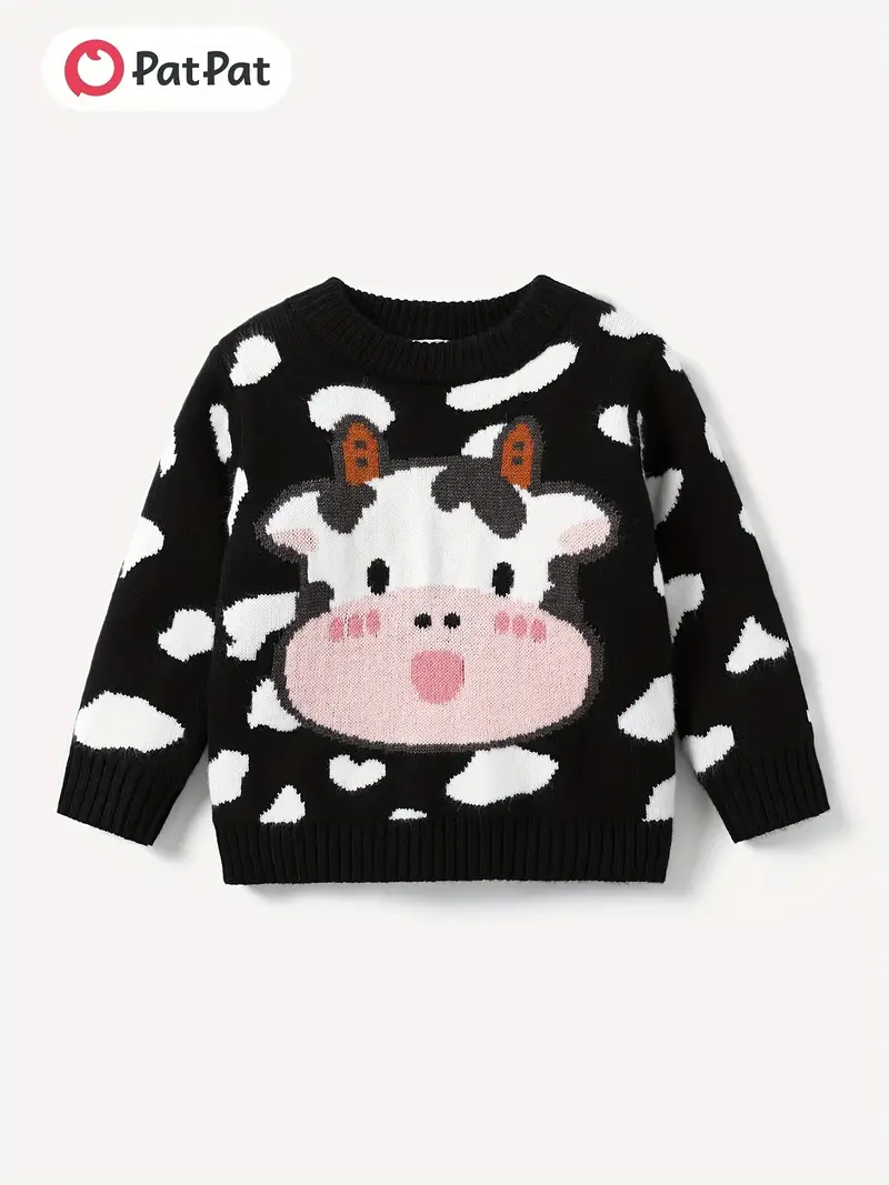Kids Black Cow-Face Print Knit Sweater – Fun Farm Animal Pullover