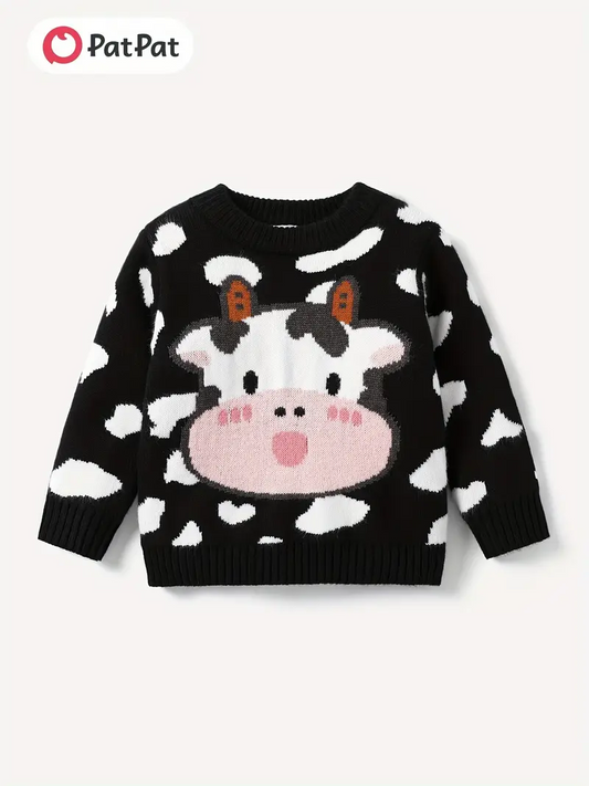 Kids Black Cow-Face Print Knit Sweater – Fun Farm Animal Pullover