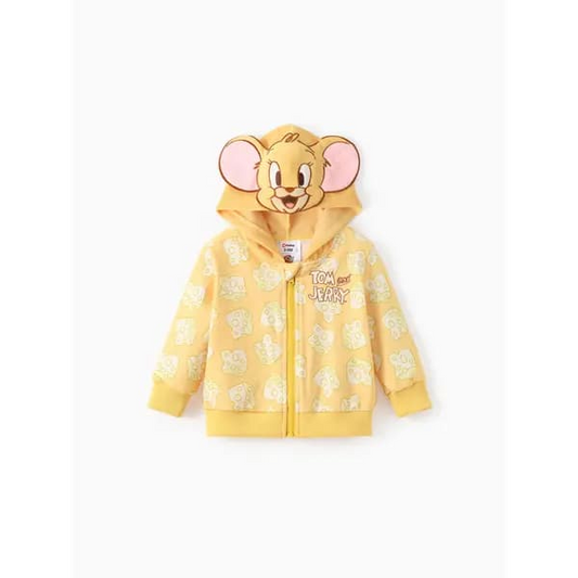 Tom and Jerry Baby/Toddler 1pc 3D Character Embroidered Hooded Paw/Cheese Allover Print Jacket yellow