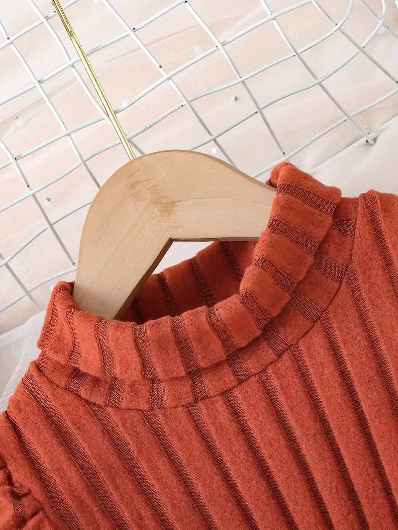 Girls' High Neck Solid Color Knitted Dress