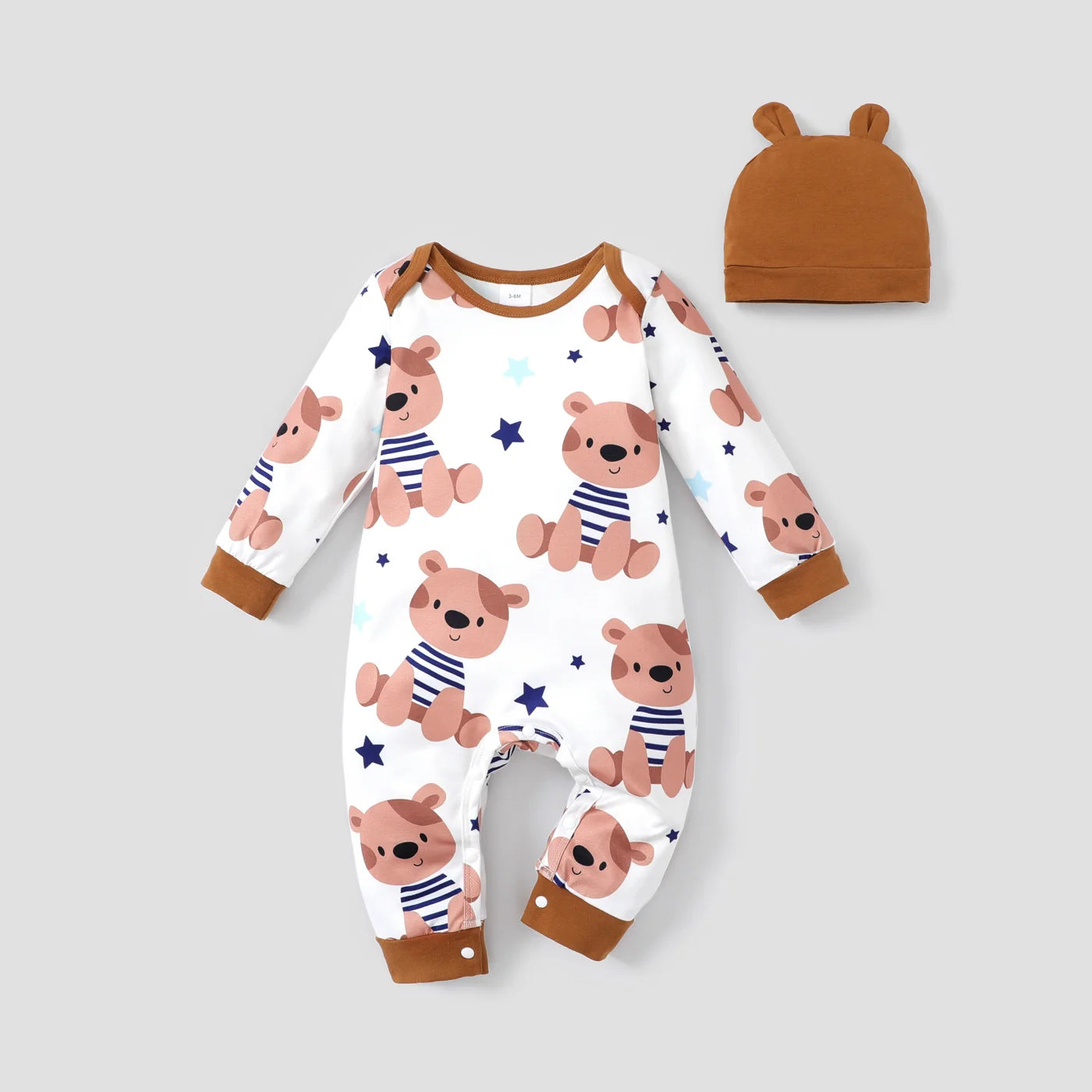 Baby Boy Allover Bear Print Long-sleeve Jumpsuit and Ear Hat Set