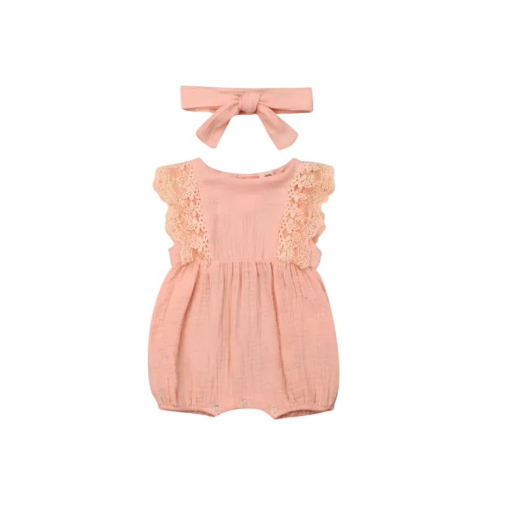 Baby Lace Striped Sleeveless Tank Romper with head band