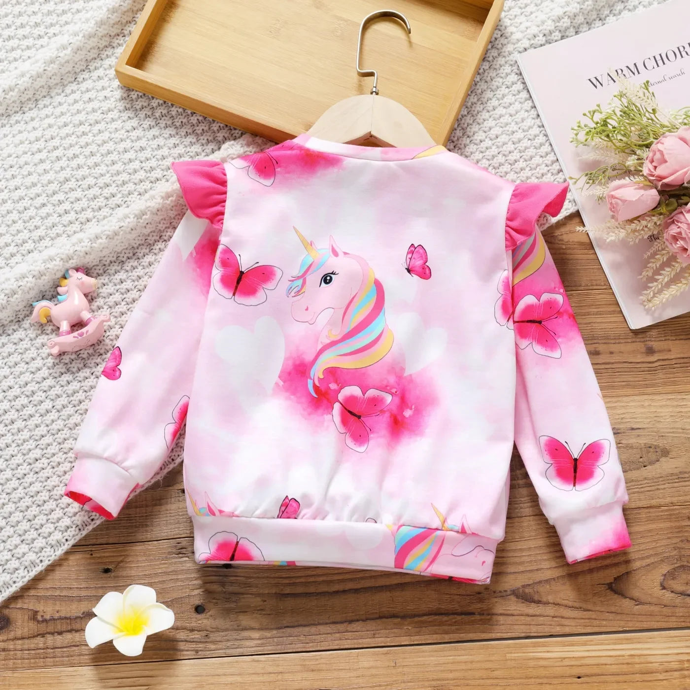 Toddler Girl Clothes Baby Girl Sweatshirt Long Sleeves Animal Unicorn Butterfly Print Ruffled Pullover