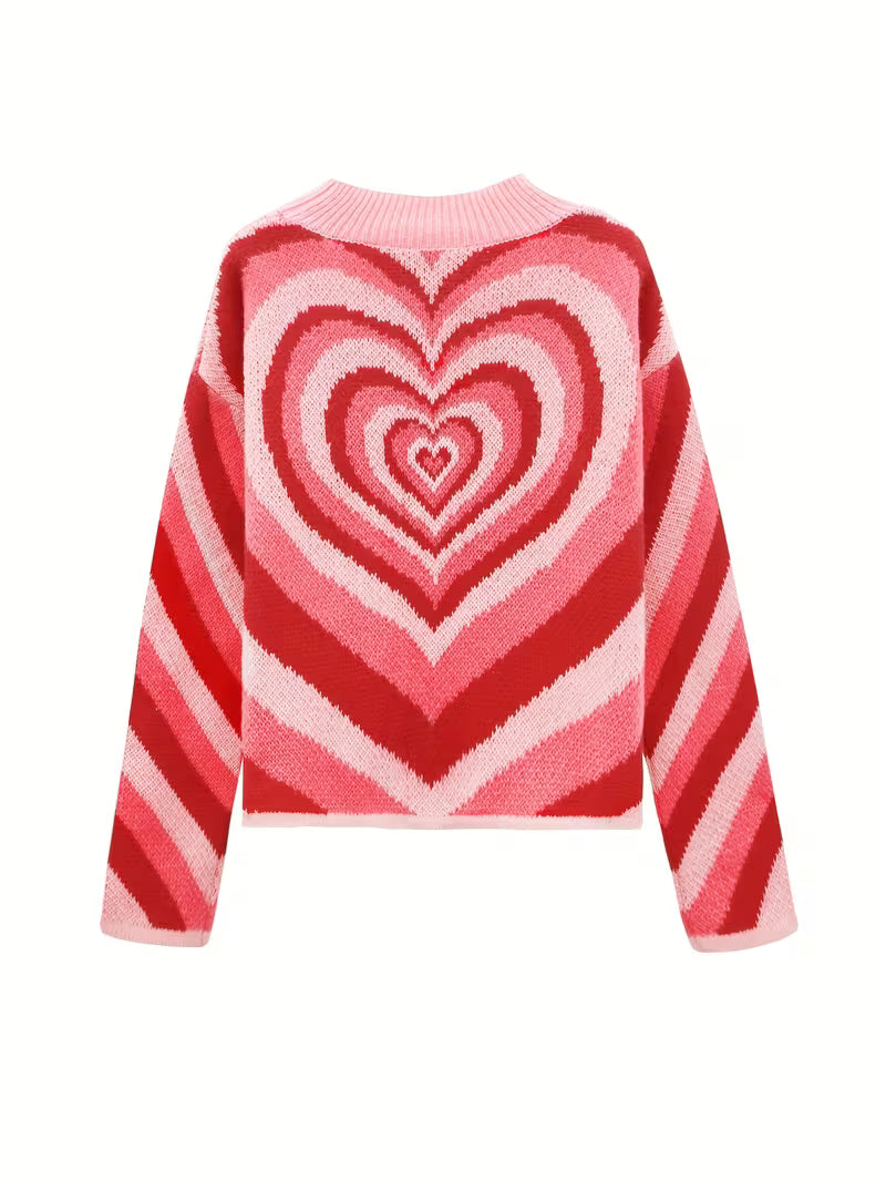 Women's Vintage-Inspired Pink Gradient Heart Knit Sweater