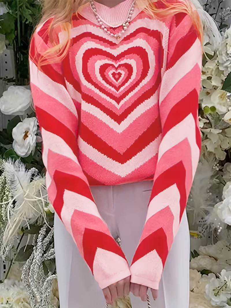 Women's Vintage-Inspired Pink Gradient Heart Knit Sweater