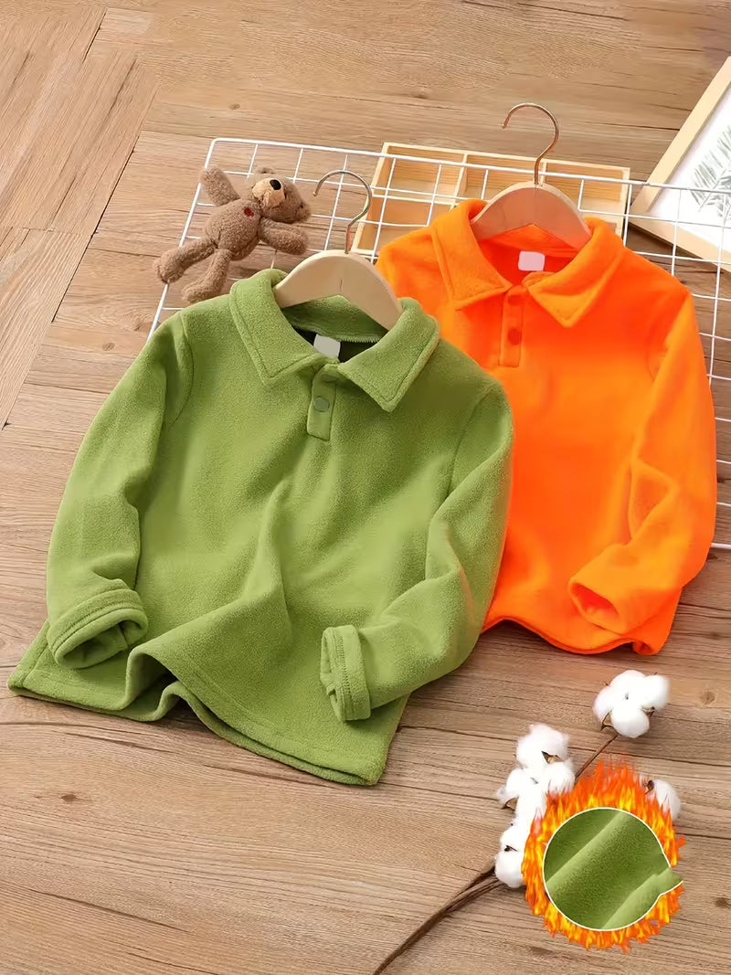 Autumn Polo Shirt for Boys with Mid-High Neck, Warm Collar and Long Sleeves / Unisex Fleece Sweatshirt, Solid Color, Modern and Versatile for Children