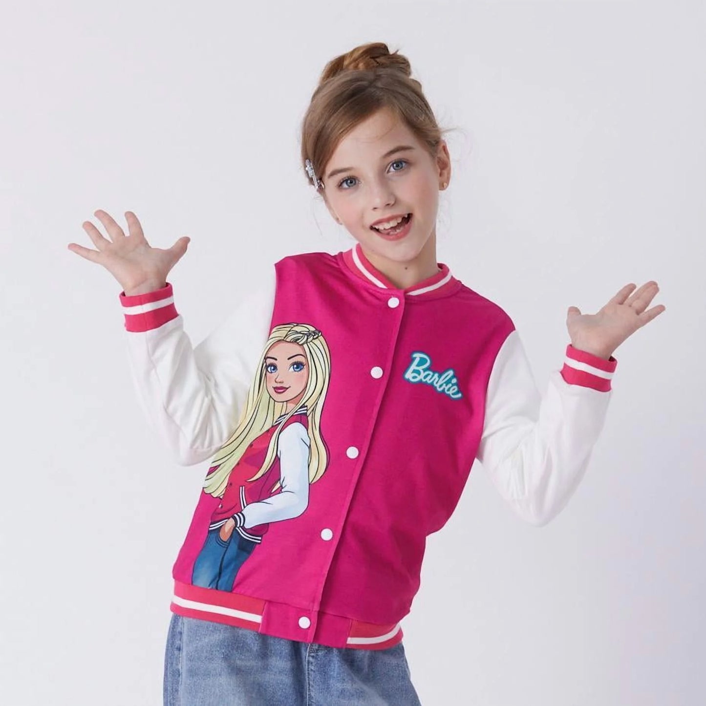Barbie Girls Bomber Jacket Graphic and Letter Print Colorblock Lightweight Varsity Jacket