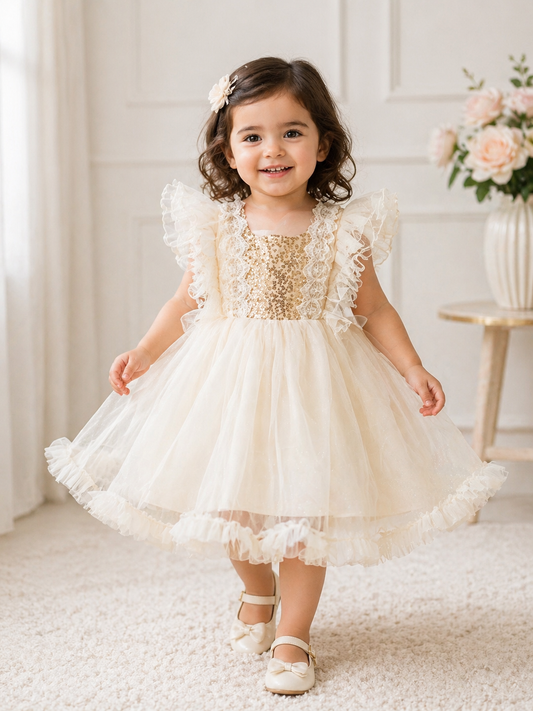 Elegant Toddler Girl Party Dress – Cream Tulle Dress with Sparkle Top(042LR)