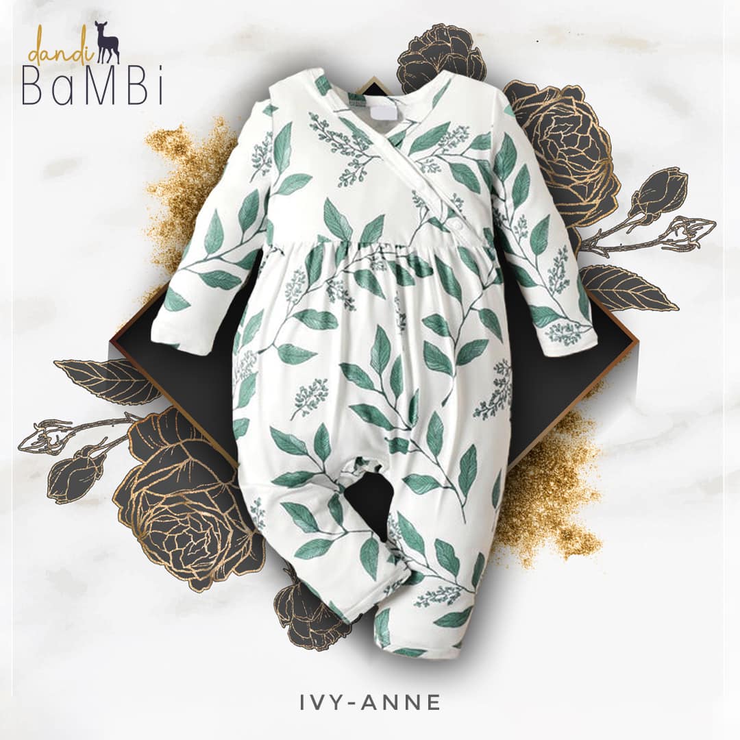 Leaves Print Baby Girl All Over Long-sleeve Snap-up Jumpsuit