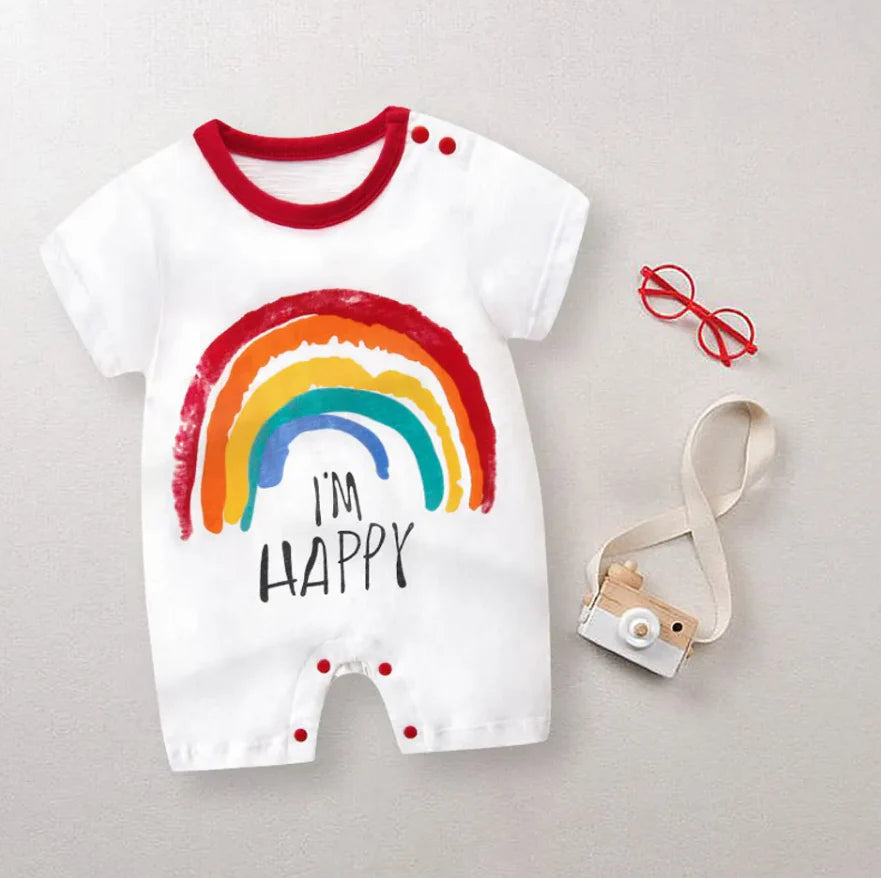 Letter and Rainbow Print Short-sleeve White Baby Romper