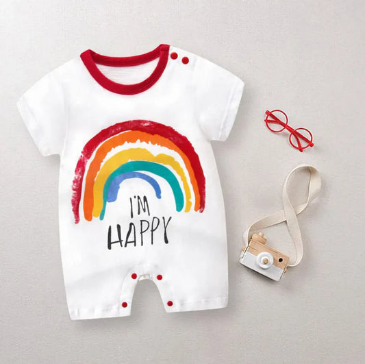 Letter and Rainbow Print Short-sleeve White Baby Romper