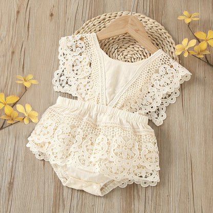 Crochet Lace Flutter sleeve Ribbed Romper