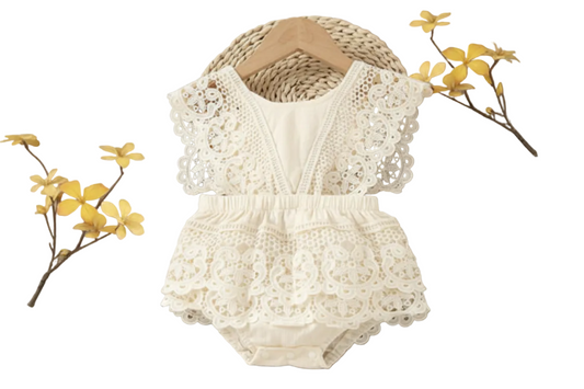 Crochet Lace Flutter sleeve Ribbed Romper