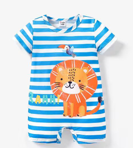 Baby Boy Cartoon Lion Print Blue Striped Short-sleeve Romper