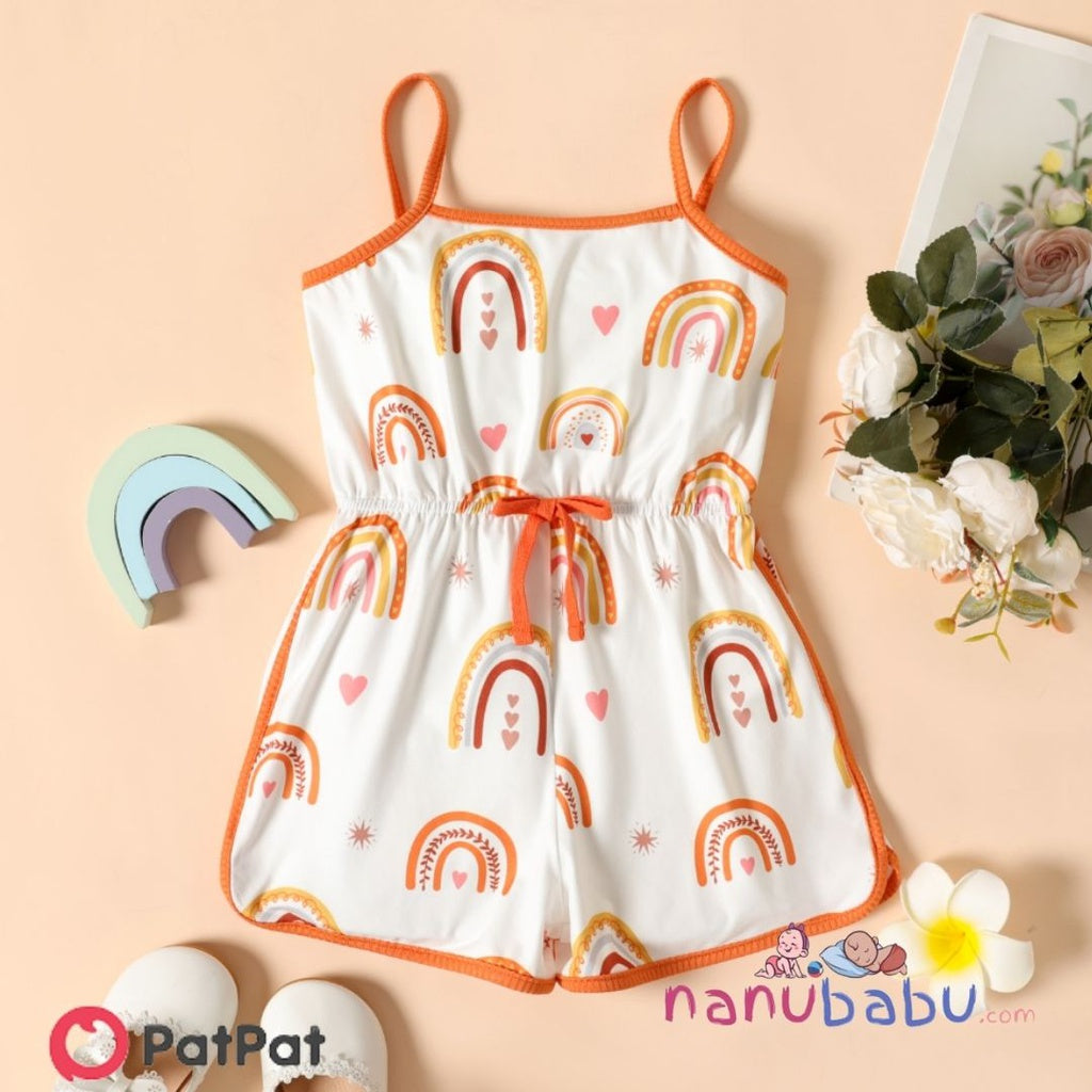 Girl Rainbow Print Bowknot Design Cami Romper Jumpsuit
