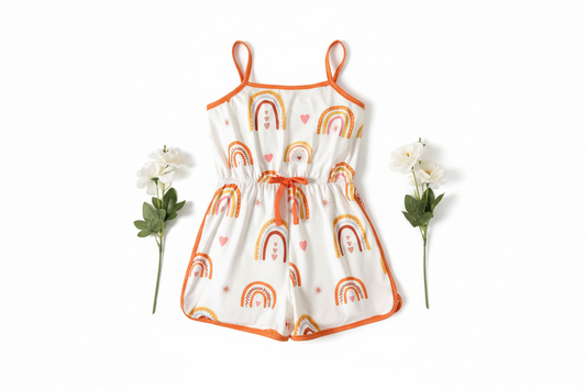 Girl Rainbow Print Bowknot Design Cami Romper Jumpsuit
